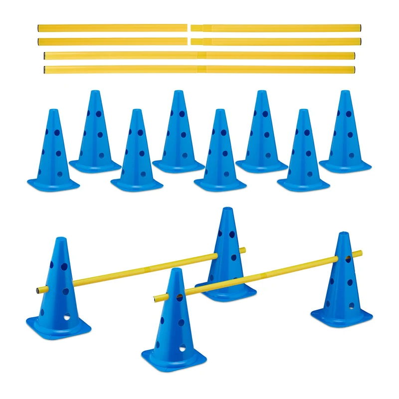 Lot de 12 plots et 6 barres pour agility intérieur extérieur 38 x 22 x 22 cm en PVC jaune 13_0014985