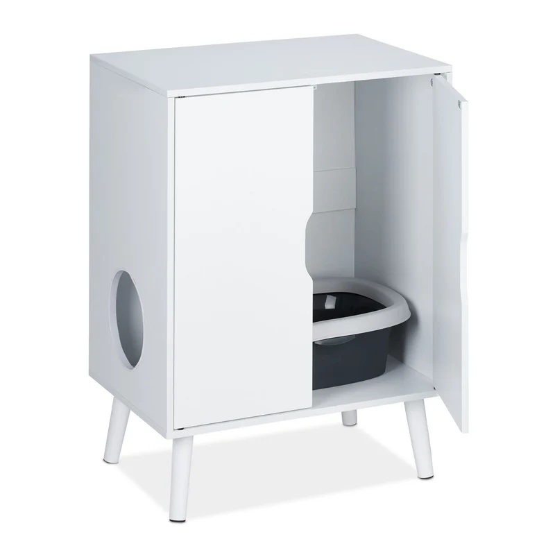 Meuble de toilettes pour chat moderne 75 x 45 x 45 cm avec 2 portes fonctionnelles en MDF blanc 13_0014354