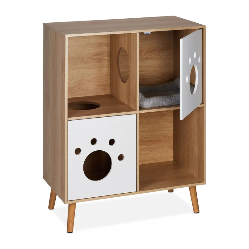 Meuble chat moderne pratique 4 compartiments 90 x 40 x 50 cm en bois blanc 13_0014356