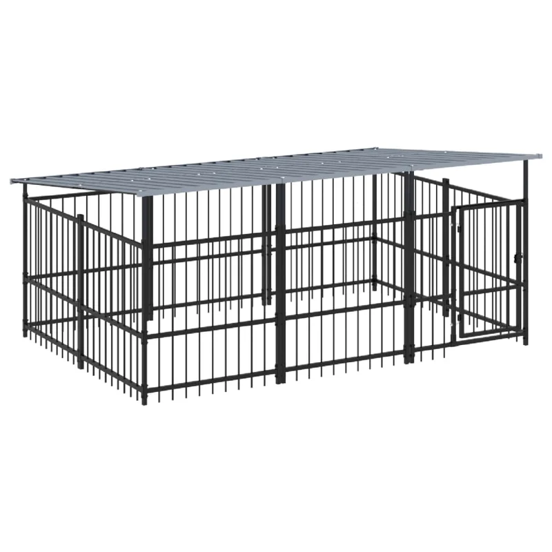 Chenil cage enclos pac animaux d'extérieur avec toit pour chiens acier 5,63 m² noir 02_0041764