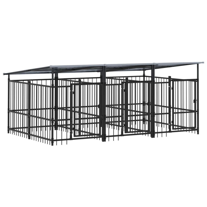 Chenil cage enclos pac animaux d'extérieur avec toit pour chiens acier 5,63 m² noir 02_0041763