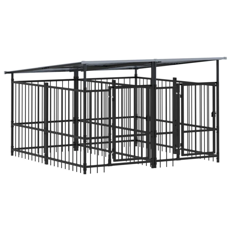 Chenil cage enclos pac animaux d'extérieur avec toit pour chiens acier 3,75 m² noir 02_0041759