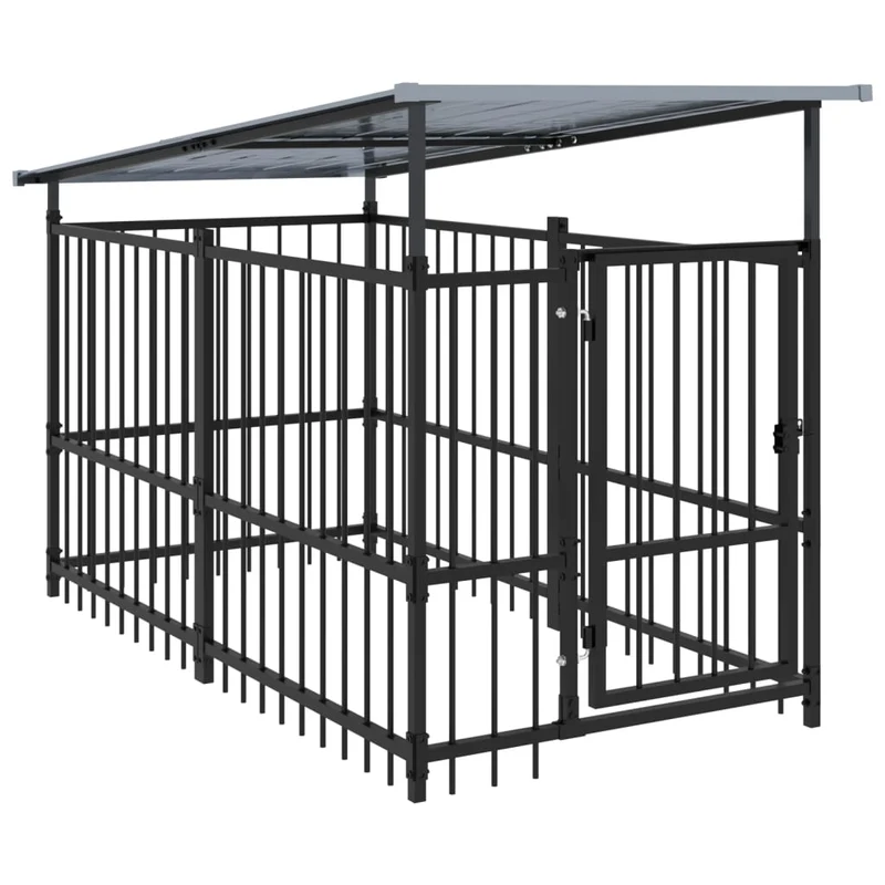 Chenil cage enclos pac animaux d'extérieur avec toit pour chiens acier 1,88 m² noir 02_0041730