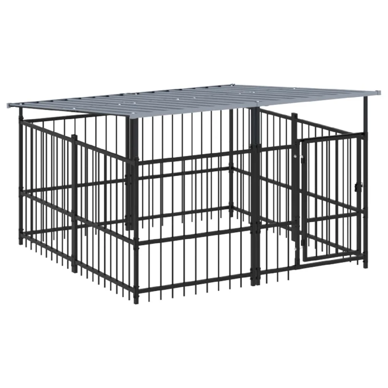Chenil cage enclos pac animaux d'extérieur avec toit pour chiens acier 3,75 m² noir 02_0041760