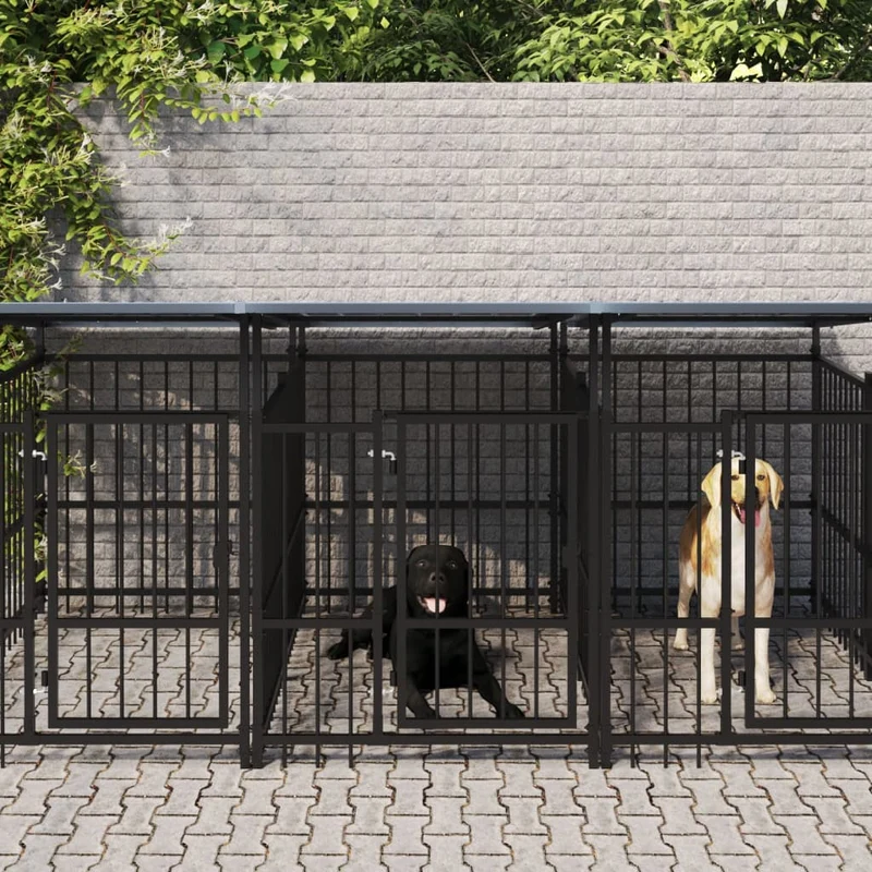 Chenil cage enclos pac animaux d'extérieur avec toit pour chiens acier 11,26 m² noir 02_0041736