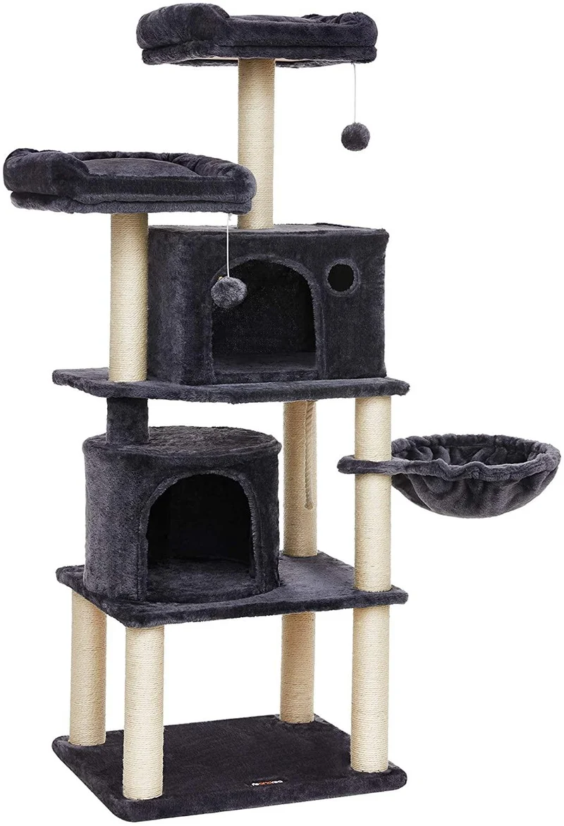 Arbre à chat multi-niveaux grande capacité griffoir 2 niches colonnes renforcées tour à chats hauteur 152 cm gris 12_0000146