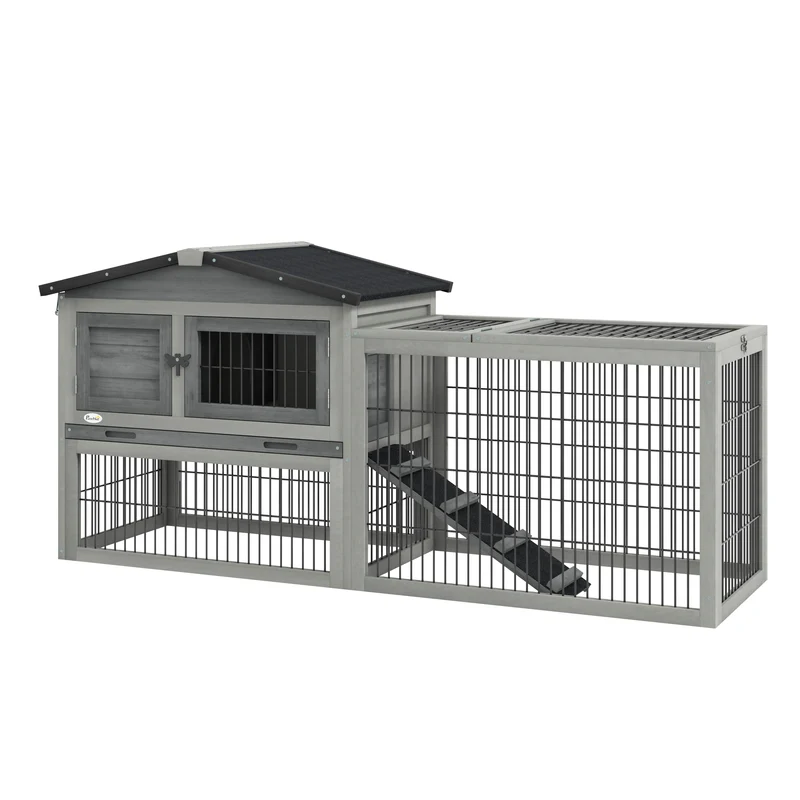 Clapier pour lapins enclos deux niveaux 150 x 52 x 68 cm nettoyage facile et rampe design rustique salon en bois gris 21_0007887
