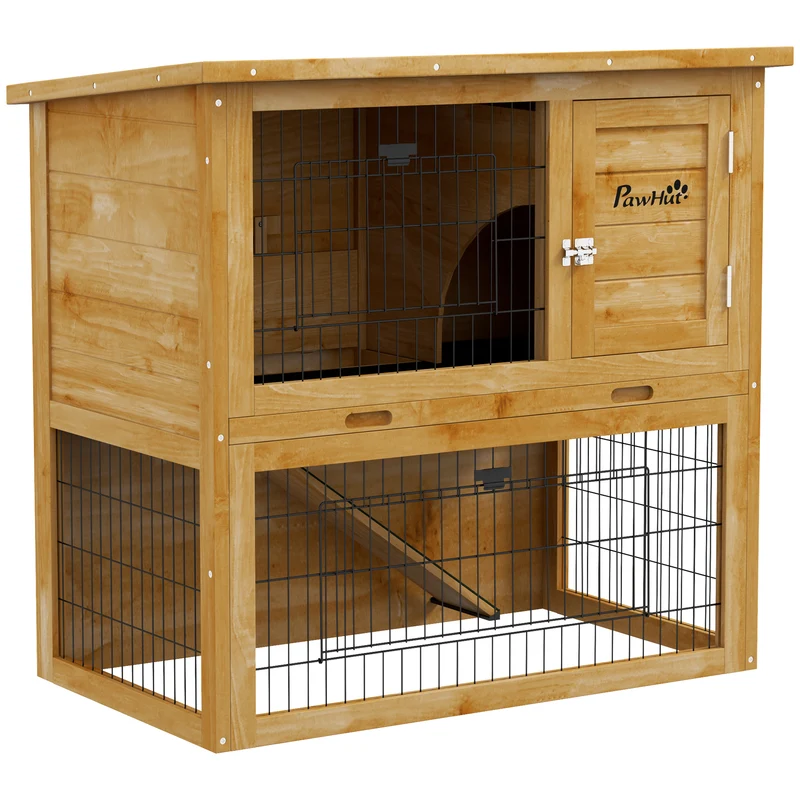 Clapier pour lapins 2 étages 85 x 50 x 80 cm plateau coulissant toit bitumé imperméable rustique jardin en bois jaune 21_0007978