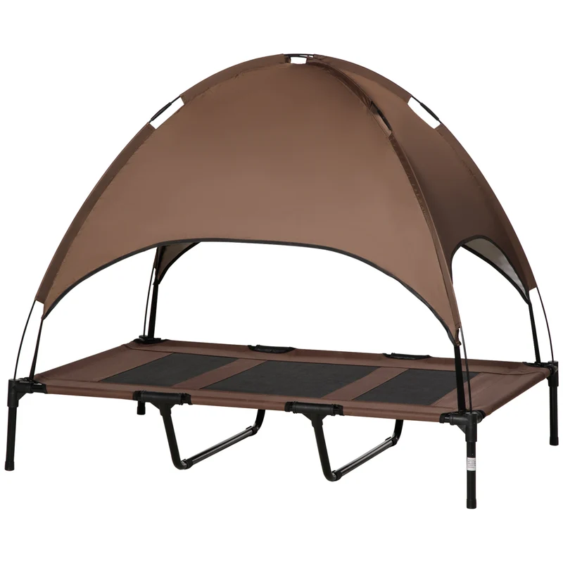 Lit pour chien chat surélevé 122 x 92 x 108 cm ventilé avec parasol moderne extérieur sac inclus en textilène marron 21_0007333