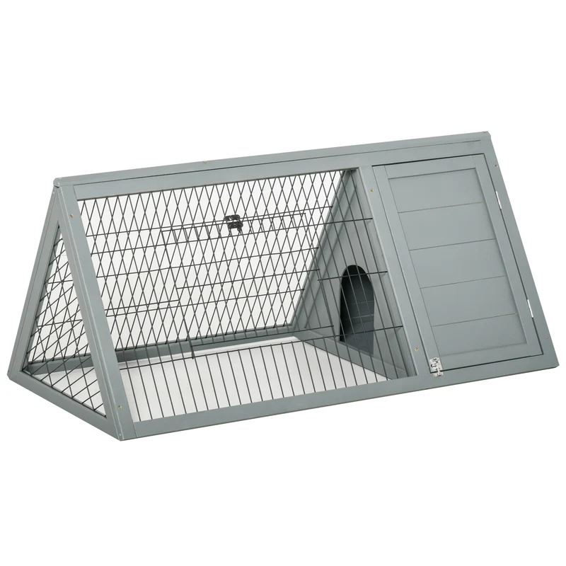 Clapier triangulaire enclos extérieur et niche double porte 116 x 62,2 x 52,5 cm sécurisé épuré aéré design en bois gris 21_0007911