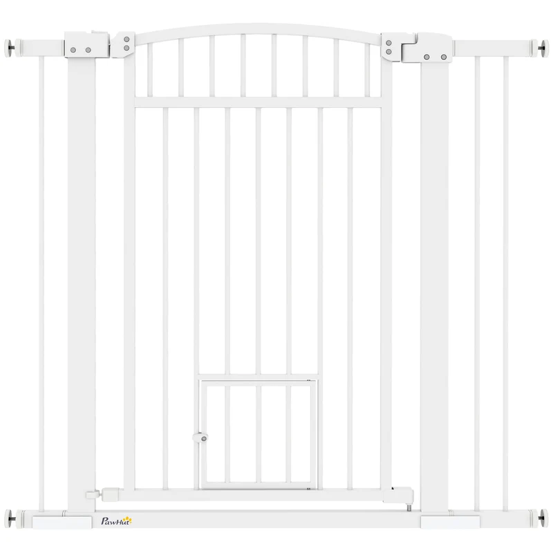 Barrière de sécurité pour chien porte intégrée 76-104 x 5 x 95 cm double verrouillage design épuré solide en acier blanc 21_0007469