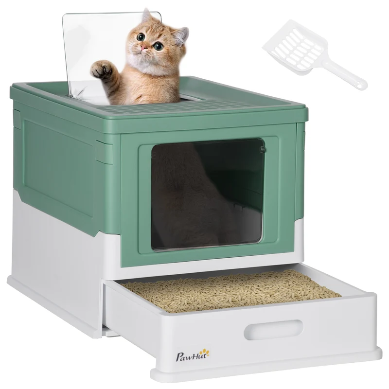Maison de toilette chat pliable porte battante 47,5 x 35,5 x 36,7 cm tiroir coulissant pelle fournie moderne en PP vert 21_0007773