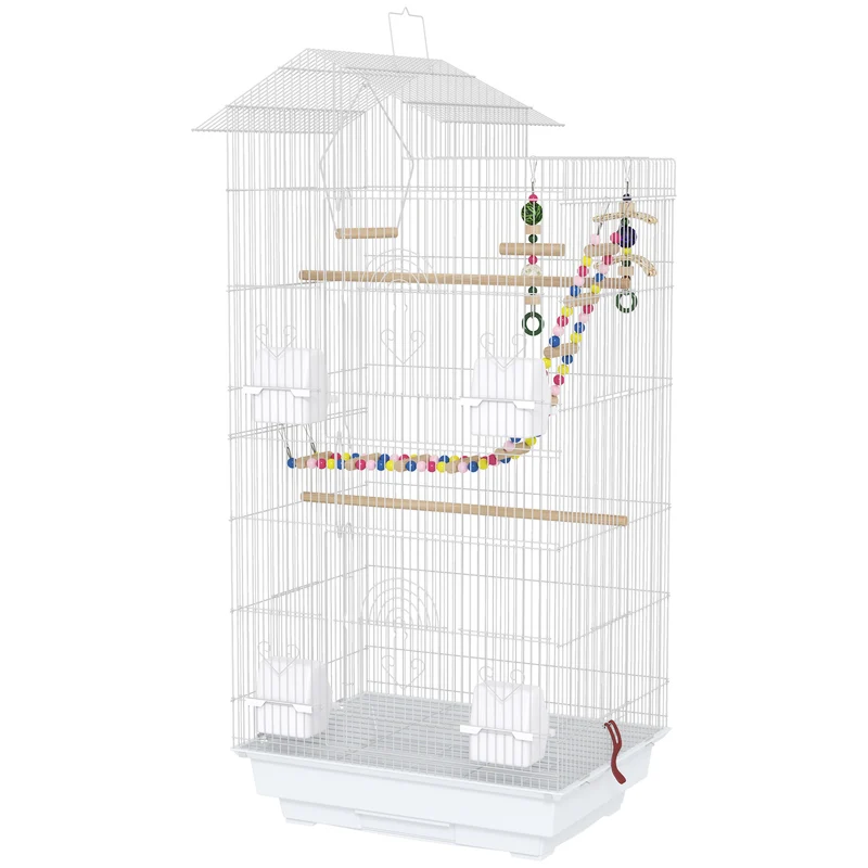 Cage à oiseaux intérieure pratique 46 x 36 x 100 cm plateau coulissant perchoirs style contemporain en fil d'acier blanc 21_0007578