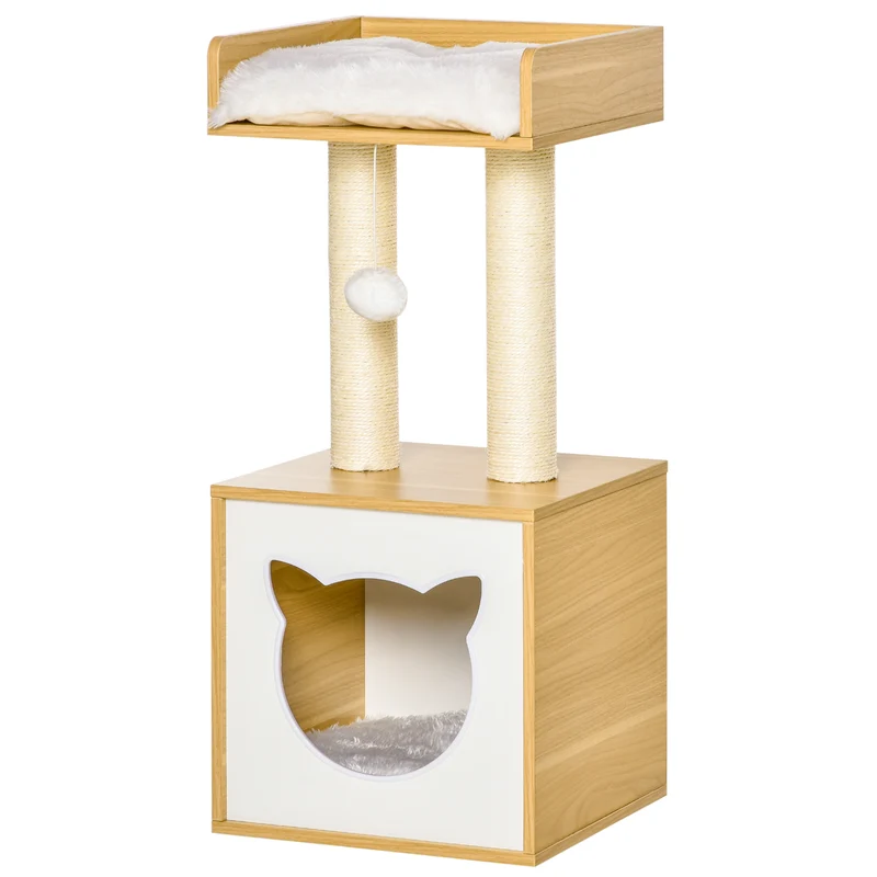 Arbre à chat griffoir niche plate-forme 35 x 35 x 81 cm coussin amovible stabilité design contemporain en peluche chêne 21_0007659