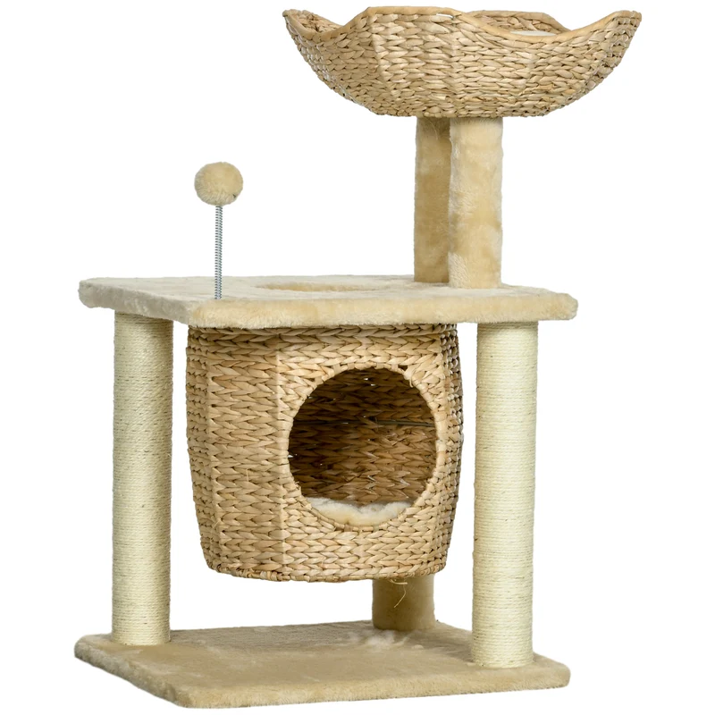 Arbre à chat centre d'activités 45 x 40 x 74 cm repos et jeu niche cocon moelleux épuré contemporain salon en sisal beige 21_0007699