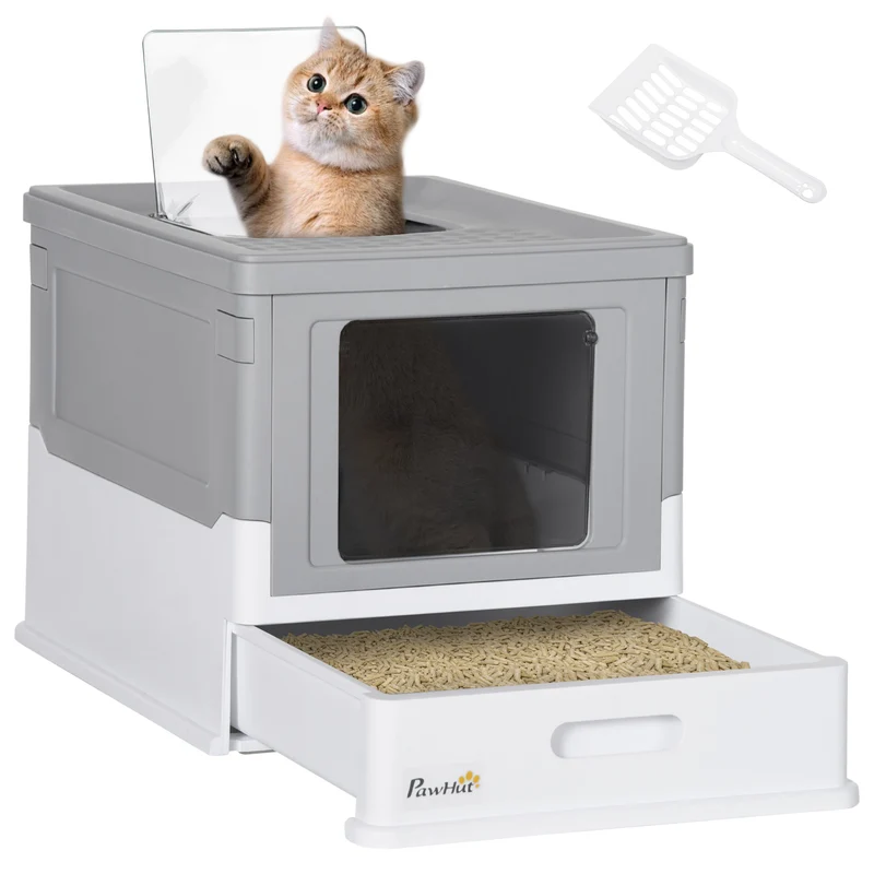 Maison de toilette pour chat pliable format valise 47,5 x 35,5 x 36,7 cm tiroir pelle incluse moderne épuré en PP gris 21_0007774