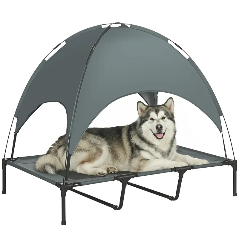 Lit surélevé pour chien 122 x 92 x 108 cm extérieur assise respirante anti uv dôme amovible moderne design en métal gris 21_0007332