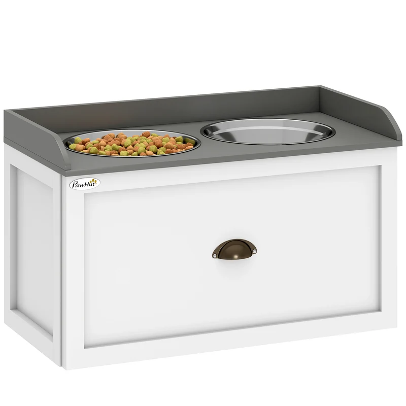 Gamelle double surélevée pour chien et chat 60 x 30 x 36 cm améliore posture tiroir rangement design moderne en MDF blanc 21_0007539
