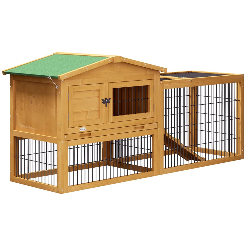 Clapier pour lapins deux niveaux avec enclos extérieur 150 x 52,5 x 68 cm nettoyage facile épuré rustique en bois jaune 21_0007888