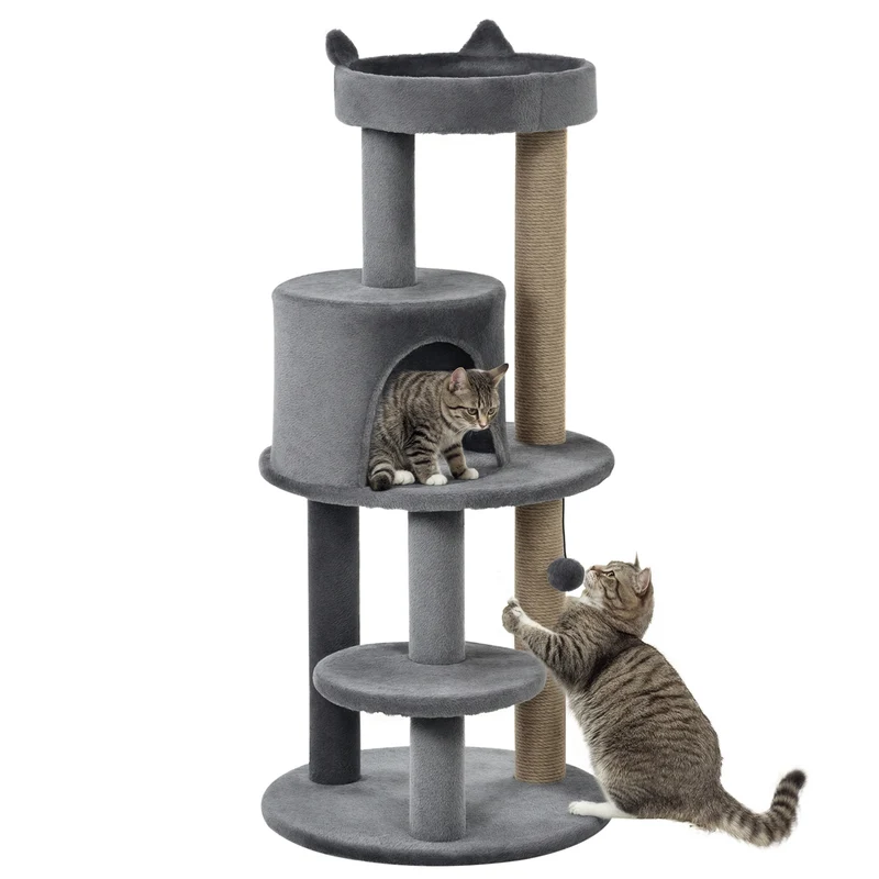 Arbre à chat multifonction jeu et repos 48 x 48 x 104 cm griffoirs résistants et niche douillette scandinave en bois gris 21_0007641