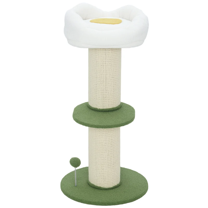 Arbre à chat fleur trois niveaux salon petit appartement 45 x 92 cm stabilité très renforcée poteau grattable scandinave cosy en sisal vert 21_0007759