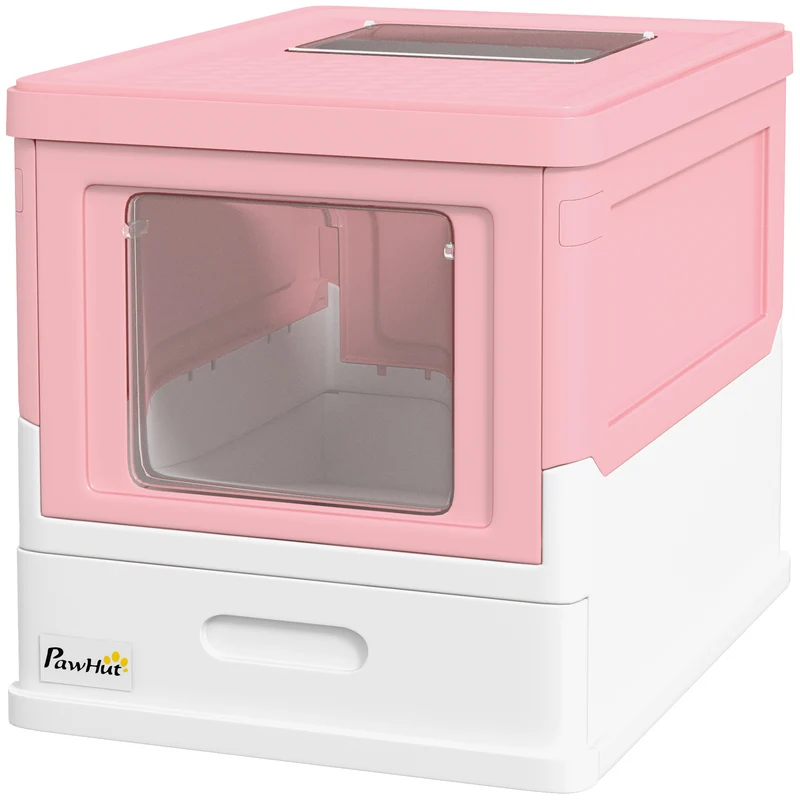 Maison de toilette pour chat pliable double porte 47,5 x 35,5 x 36,7 cm tiroir pelle incluse style moderne en PP rose 21_0007775