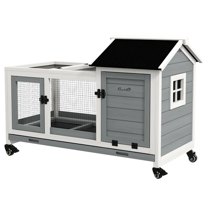 Clapier pour lapins sur roulettes 108 x 58 x 73.5 cm tiroir coulissant aire de jeu cottage style rustique en bois gris 21_0007952