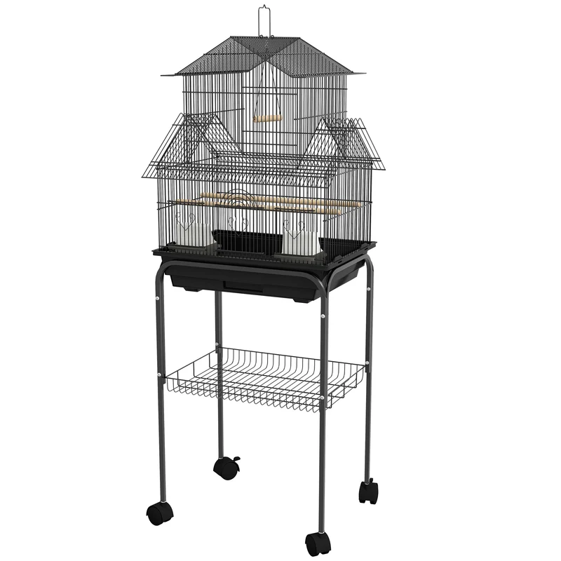 Cage à oiseaux toit maison 50,5 x 41 x 121 cm accès très facile plateau amovible moderne épuré salon cosy en acier noir 21_0007567