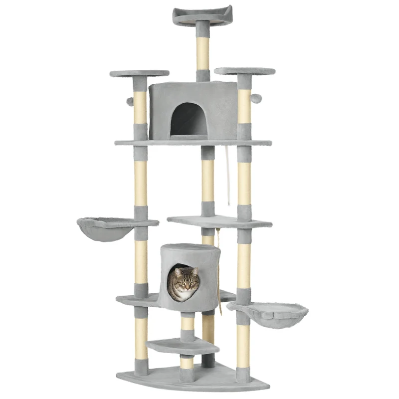 Arbre à chat xxl plateaux 60 x 60 x 200 cm griffoirs hamacs pour chats douillets design contemporain en sisal gris clair 21_0007611