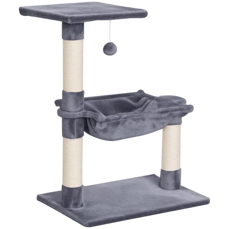 Arbre à chat plateforme 50 x 36 x 70 cm multiples griffoirs hamac et boule suspendue design contemporain en peluche gris 21_0007630