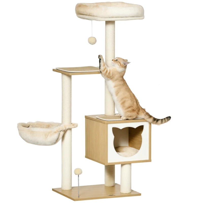 Arbre à chat multi-niveaux 48 x 40 x 126 cm aires de jeu et repos confort contemporain en panneaux de particule beige 21_0007660
