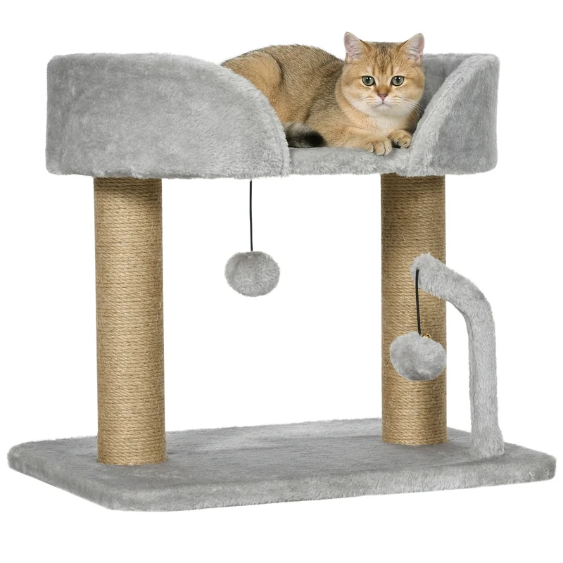 Arbre à chat griffoir 48 x 38 x 42 cm stable avec pompons suspendus design contemporain en panneau de particules gris 21_0007682