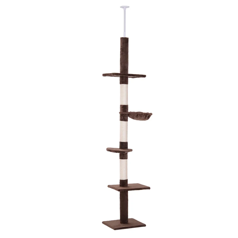 Arbre à chat du sol au plafond 40 x 34 x 230-260 cm 5 niveaux griffoir jeux moderne fixation plafond en peluche marron 21_0007627