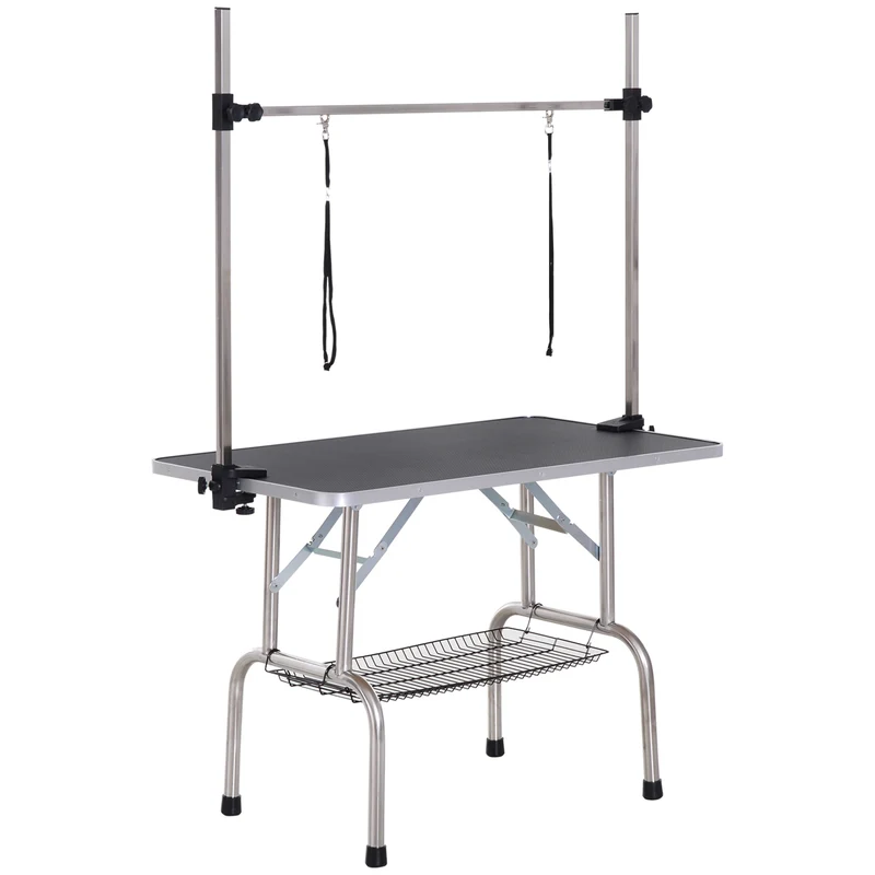 Table de toilettage pour chien pliante potence en h 107 x 60 x 164 cm antidérapante moderne en acier inoxydable noir 21_0007274