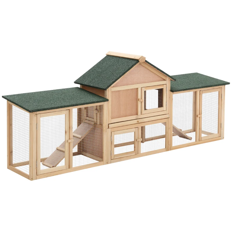 Clapier pour lapins 210 x 45,5 x 84,5 cm toit bitumé imperméable tiroir à déjection rustique jardin en bois naturel 21_0007880