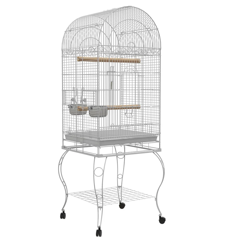 Cage à oiseaux à roulettes 51 x 51 x 153 cm plateau amovible 2 bols perchoir étagère inférieure moderne en acier blanc 21_0007561