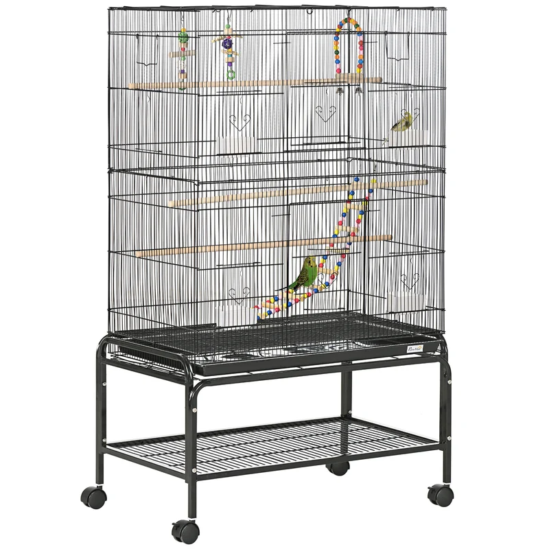 Cage à oiseaux sur support à roulettes 79 x 49 x 133 cm plateau amovible et étagère style moderne épuré en acier noir 21_0007580