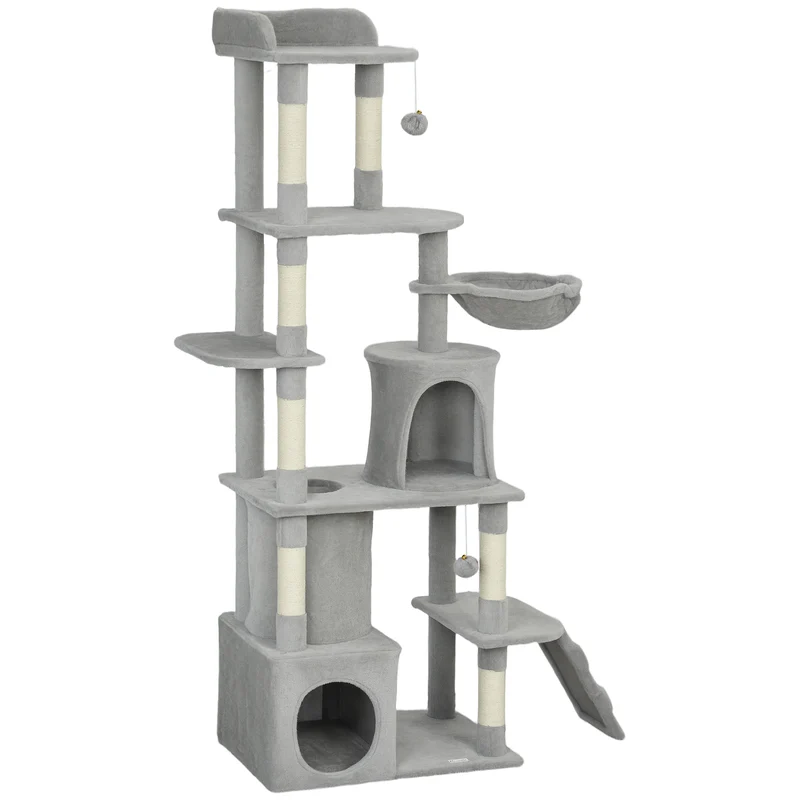 Arbre à chat tour de jeux 60 x 40 x 170 cm base large hamac inclus griffoirs sisal moderne scandinave en bois gris clair 21_0007756