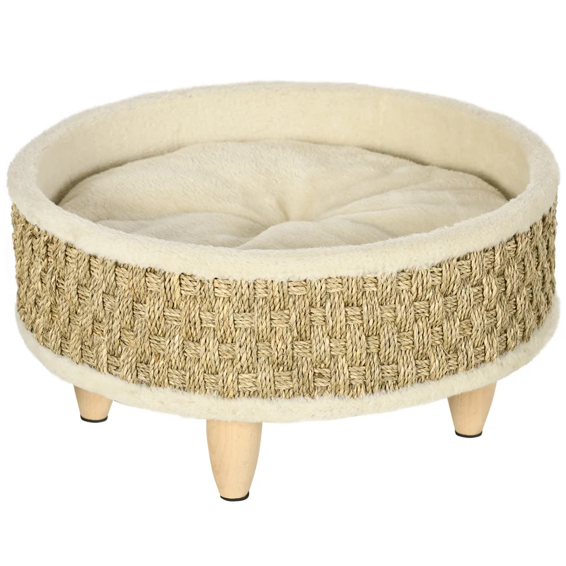 Panier rond chien et chat intérieur 48 x 24,5 cm coussin moelleux confort contemporain en panneaux de particules beige 21_0007357
