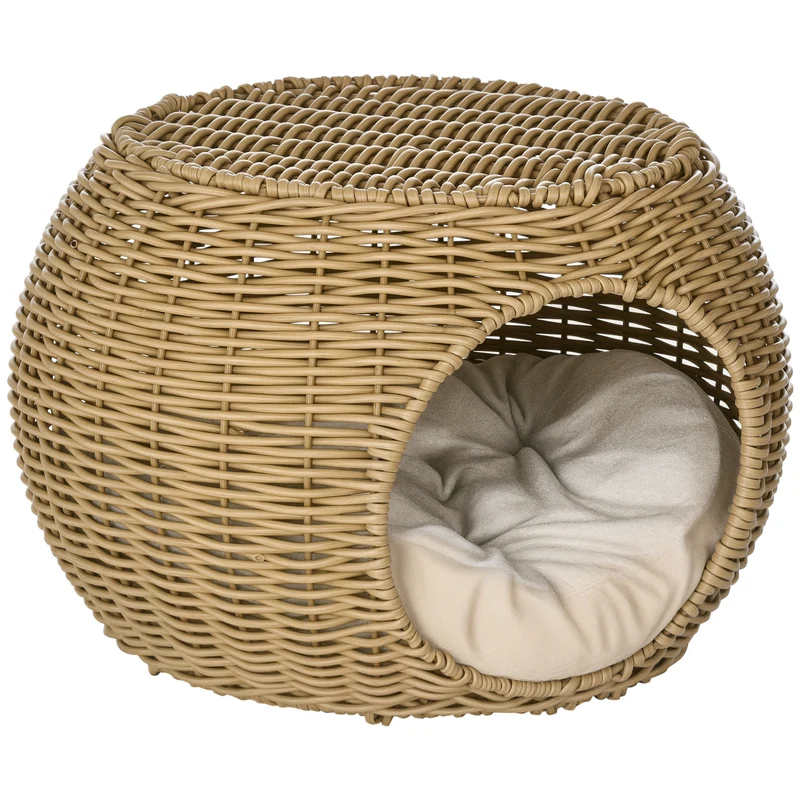 Niche pour chat deux niveaux Ø 40 x 30 cm observatoire pour repos coussin moelleux scandinave en résine marron clair 21_0007698