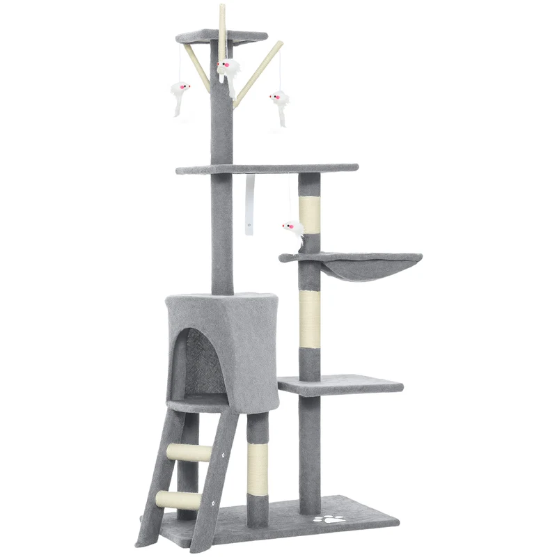 Arbre à chat tour multi niveaux 60 x 35 x 134 cm grattoir sisal niche douillette avec hamac contemporain en bois gris 21_0007621