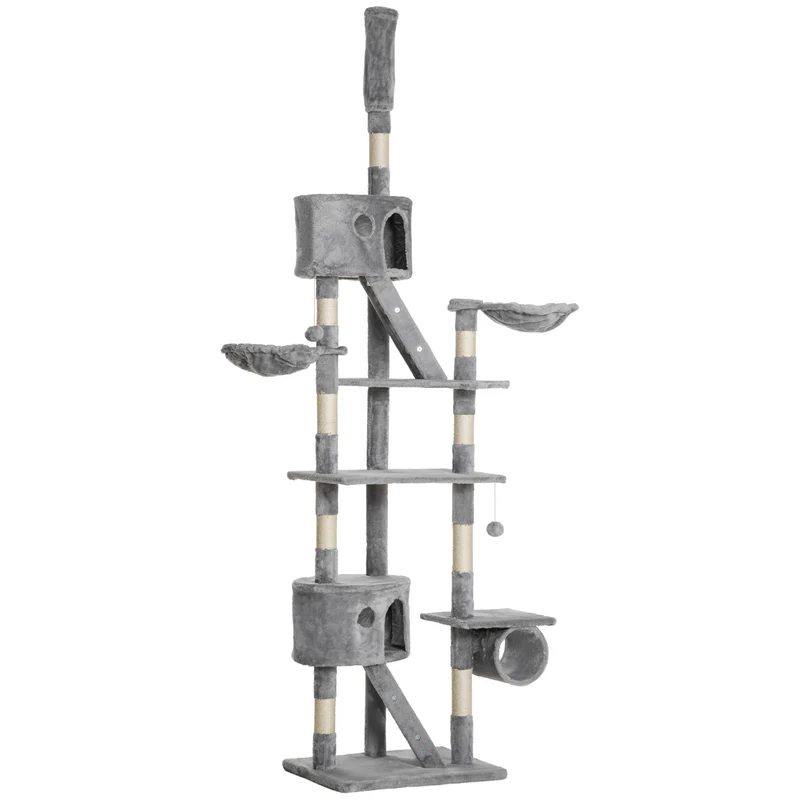 Arbre à chat sol au plafond 60 x 45 x 240-260 cm multi niveaux griffoir moderne en panneau de particules gris clair 21_0007617