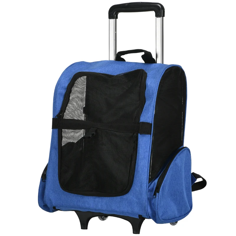 Sac de transport 2 en 1 chariot sac à dos pour chien et chat 42 x 25 x 55 cm roulettes moderne épuré en polyester bleu 21_0007235
