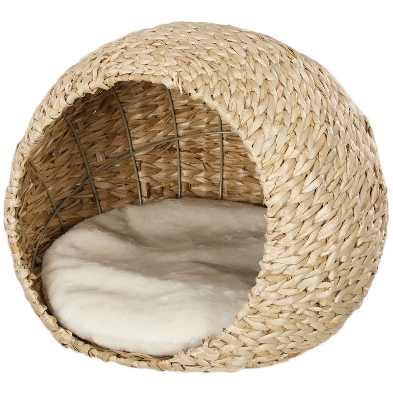 Maison pour chat tissée 45 x 41 x 37 cm coussin moelleux intérieur spacieux rustique décoratif en quenouille marron 21_0007716