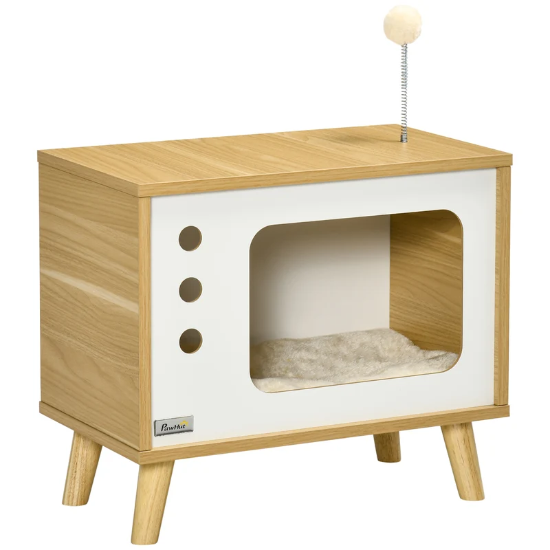 Maison pour chat forme de meuble télé 50 x 28 x 43 cm refuge cocon style contemporain en panneau de particules chêne 21_0007678