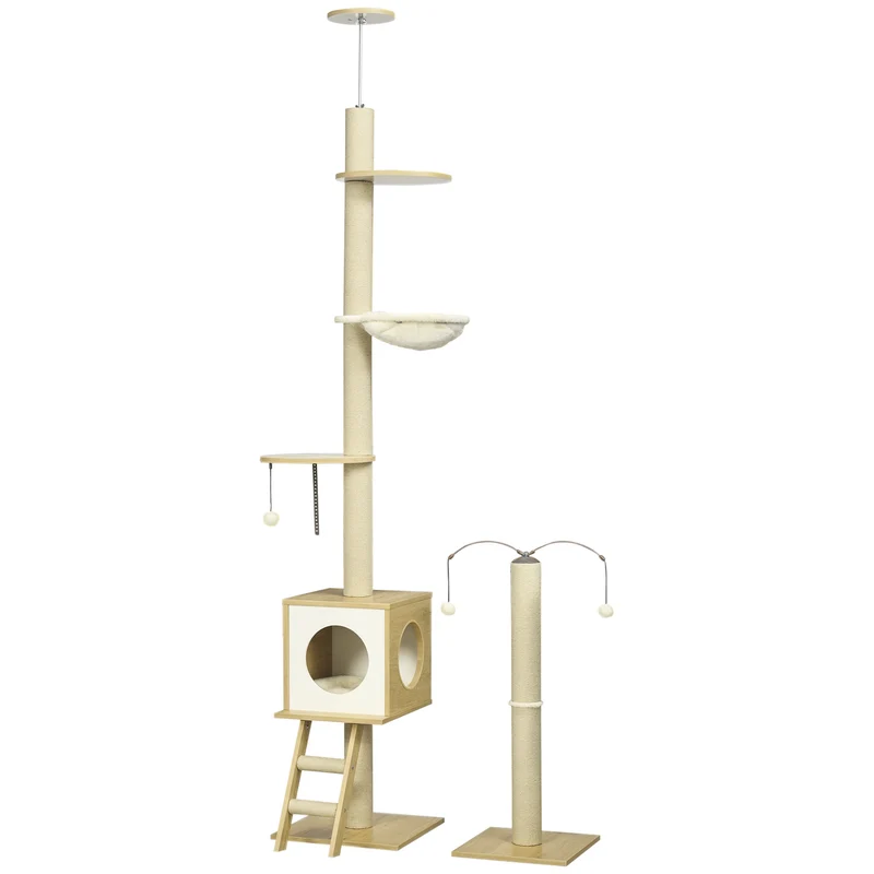 Arbre à chat sol au plafond 40 x 40 x 225-285 cm grattoirs et hamac style contemporain en panneau de particules beige 21_0007693