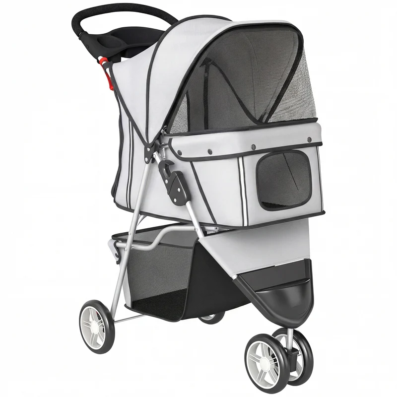 Poussette pour chien 4 roues 77 x 44 x 102 cm pliable auvent respirant usage extérieur contemporain épuré en acier gris 21_0007215