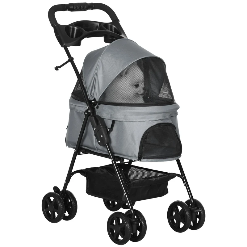 Poussette pour animaux pliable jardin terrasse 67 x 45 x 96 cm très maniable bien ventilée moderne épuré en tissu gris 21_0007231