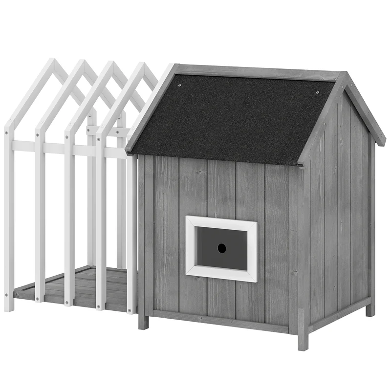 Niche pour chien extérieure avec terrasse 106 x 62,5 x 80,5 cm toit asphalte pieds surélevés scandinave en bois gris 21_0007312