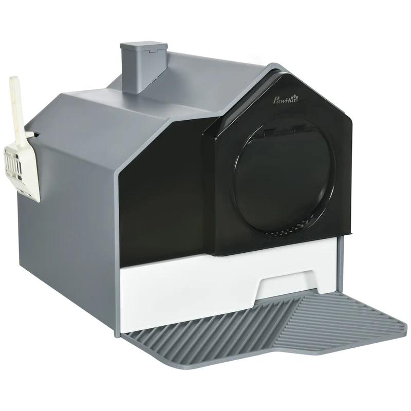 Maison de toilette pour chat maisonnette 47 x 45 x 42 cm plateau amovible entretien facile style moderne en PP gris 21_0007781